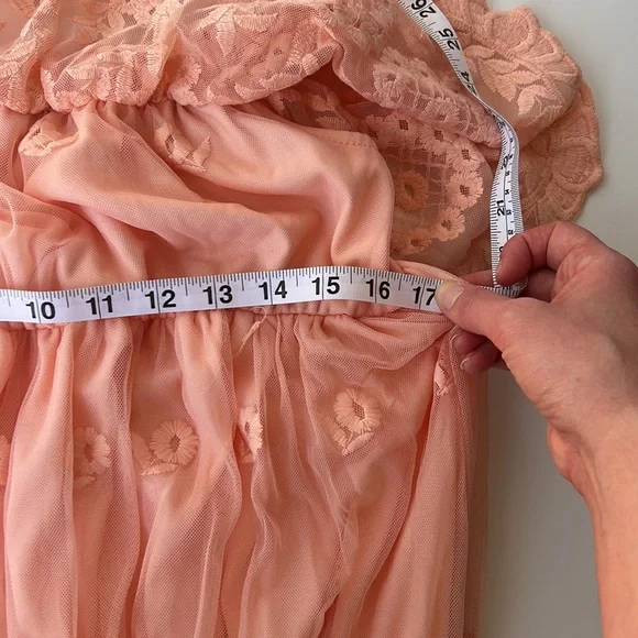 Peach prairie dress vintage lace style off the shoulder floral design small med - Picture 14 of 15